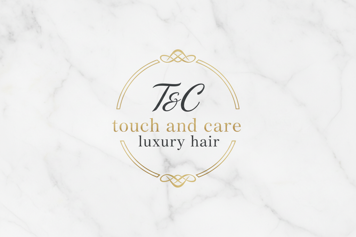 T&C IN Italic and below that write touch and care luxury hair